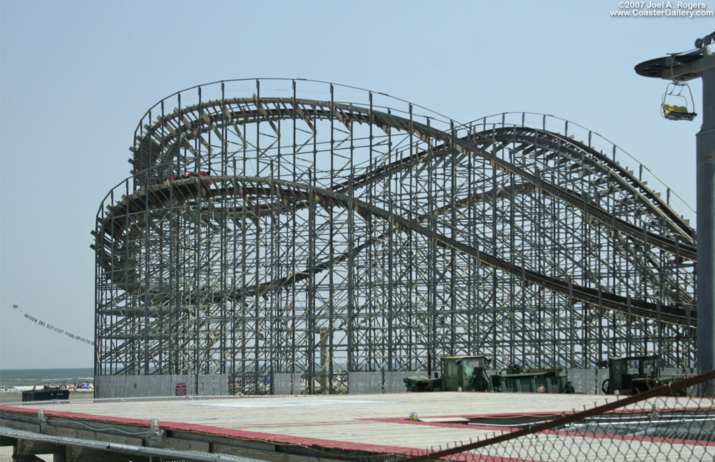View of a wood coaster built by Custom Coasters International
