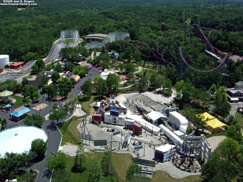 Aerial view of the Backlot Stunt Coaster built by Premier Rides, the Racer, the Beast, and Vortex