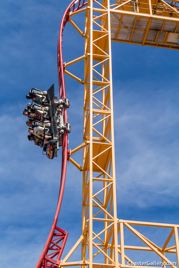 Breathtaking vertical drop on a roller coaster