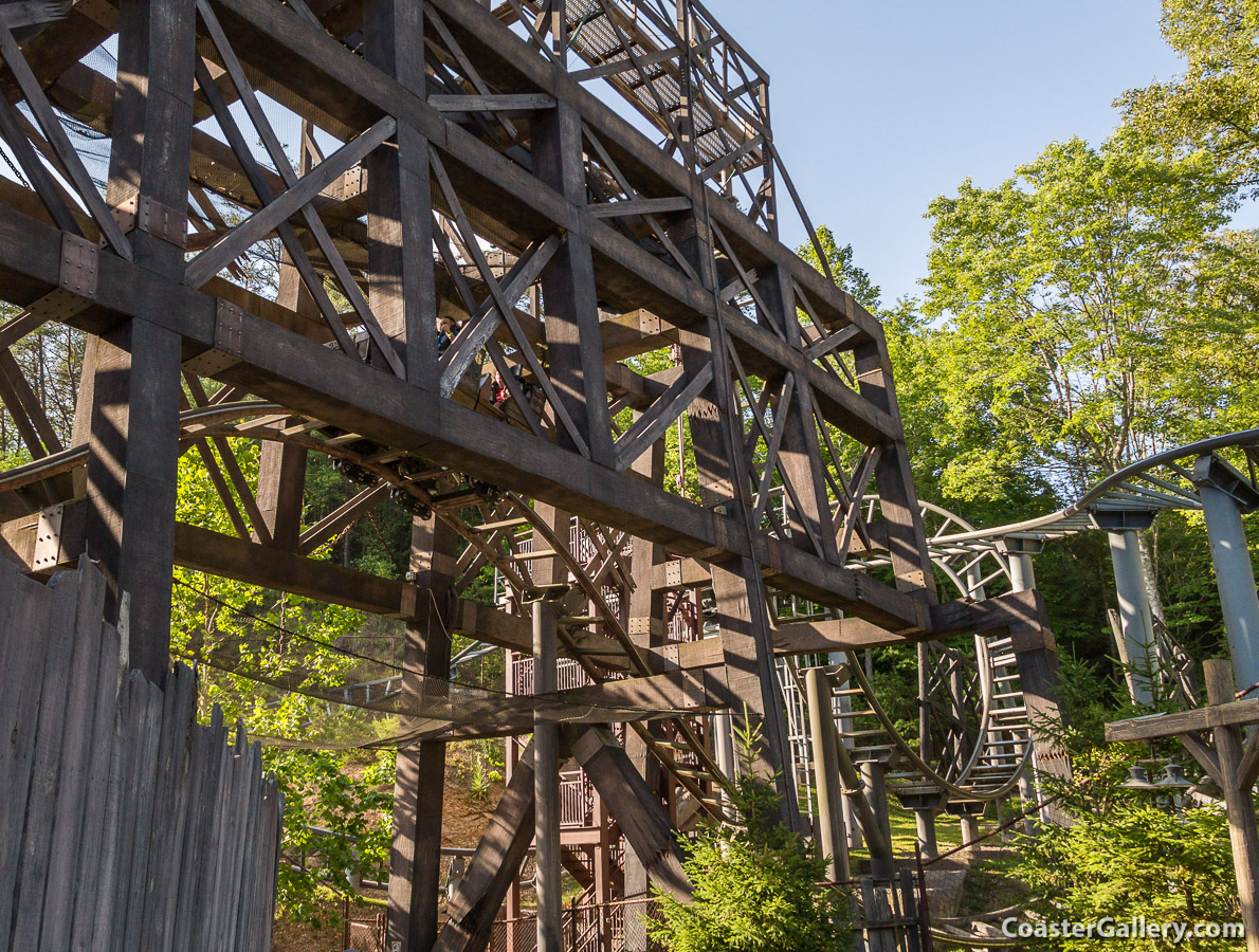 Steep drops on a scary mine train roller coaster in Dollywood