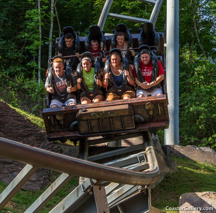 People in the car on the Mystery Mine roller coaster in Pigeon Forge, Tennessee