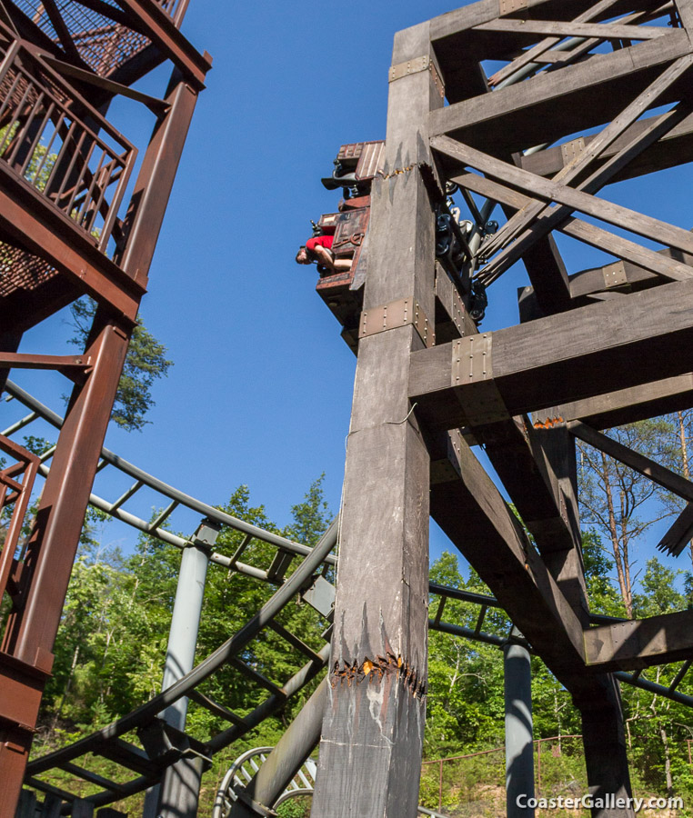 People in the car on the Mystery Mine roller coaster in Pigeon Forge, Tennessee