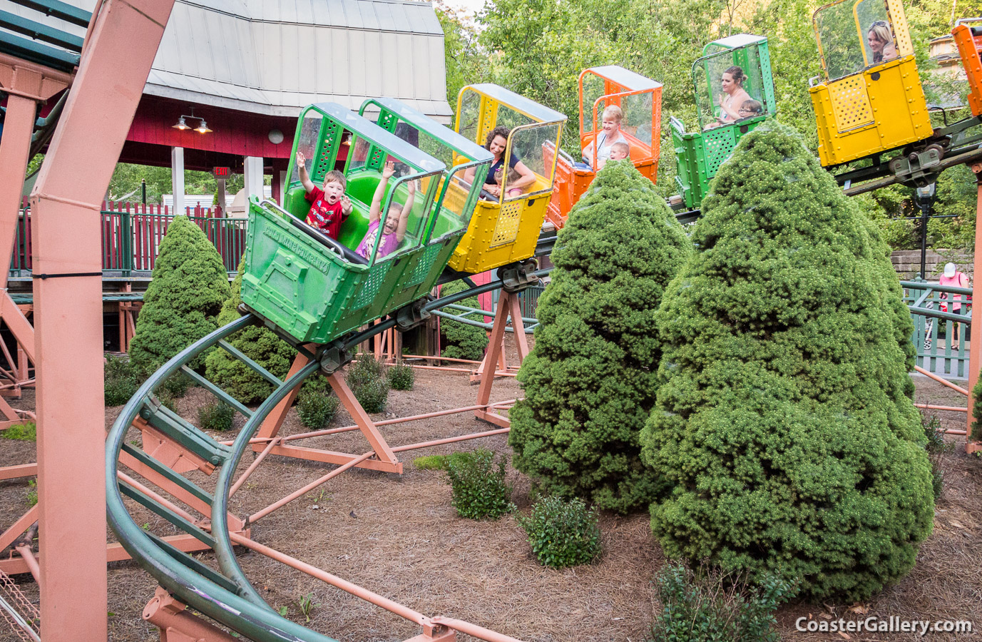 Rainbow train on the Sideshow Spin roller coaster