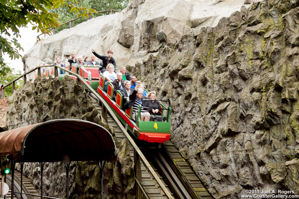 Pictures of an old thrill ride running at Denmark's Tivoli Gardens amusement park.