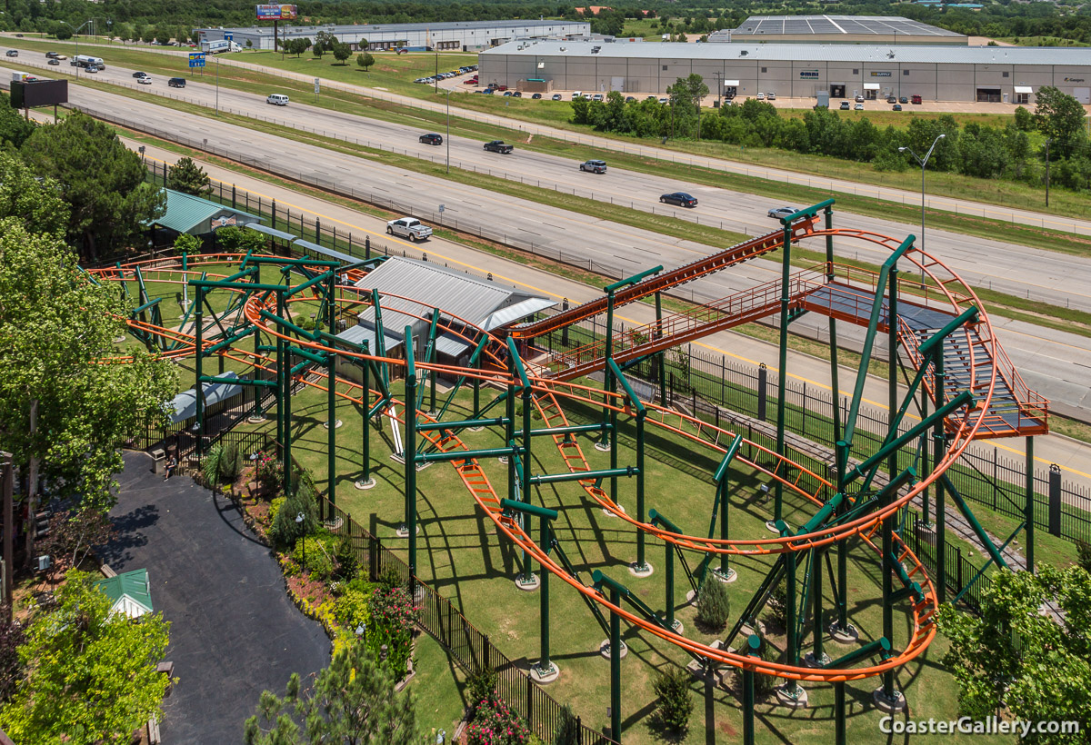 Aerial view of the layout of Steel Lasso at Frontier City