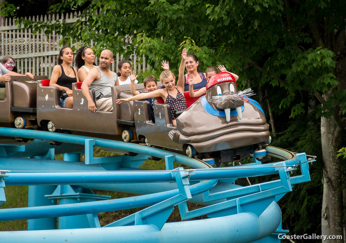 Wilburrr - the Polar Coaster walrus train at a children's theme park in New Hampshire