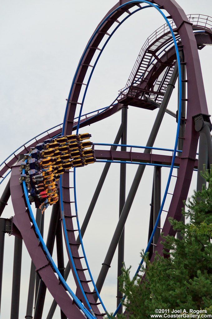 Batman roller coaster passing through a loop