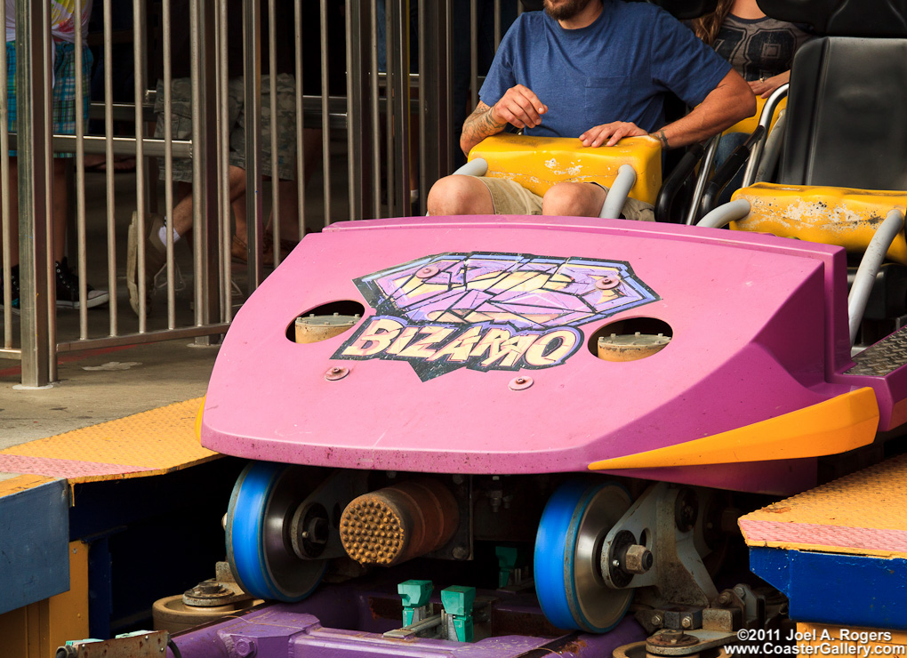 Close-up of the Bizarro train on an Intamin roller coaster