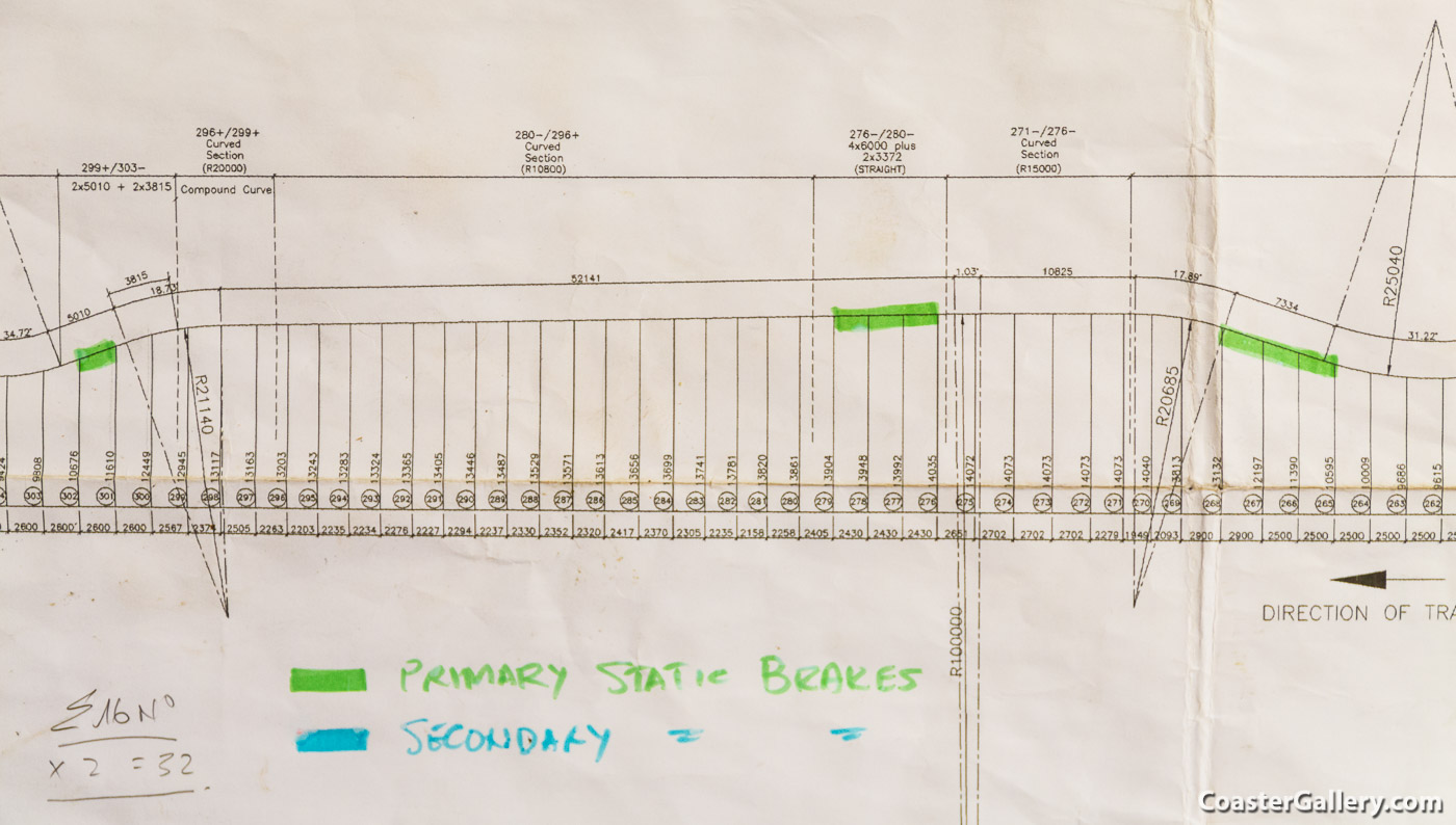 Schematics blueprint drawings of a roller coaster braking system