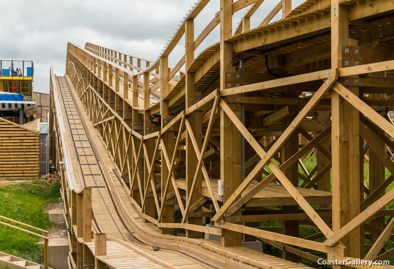 Parallel lift hills on the Scenic Railway roller coaster at Dreamland in Margate, England, United Kindgom