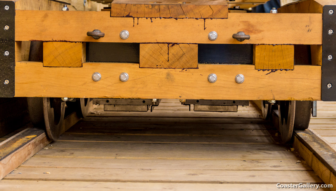 Flanged metal wheels on the Scenic Railway coaster at Dreamland amusement park