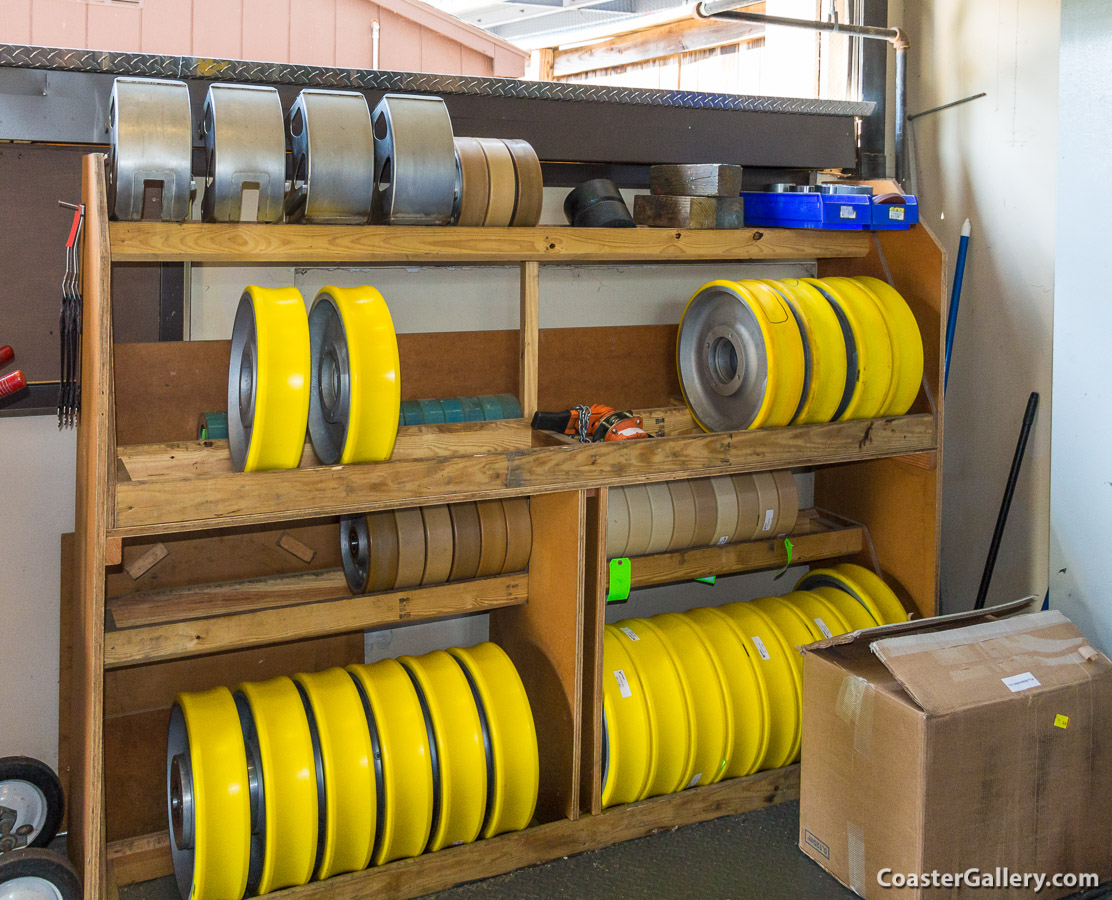 Many types of tires used on the Griffon roller coaster - A behind the scenes tour of Busch Gardens Williamsburg