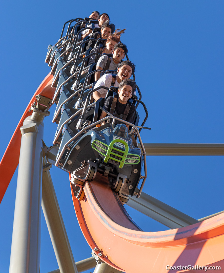 How are trains attached to the RailBlaser single-rail coaster at California's Great America?