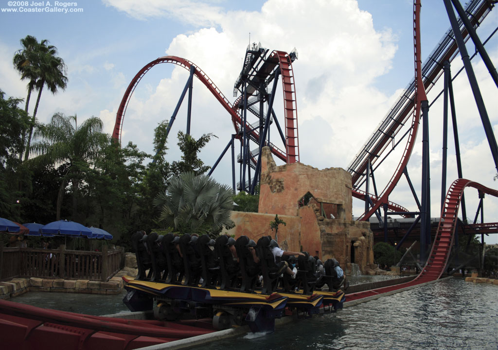 A diving roller coaster over the water