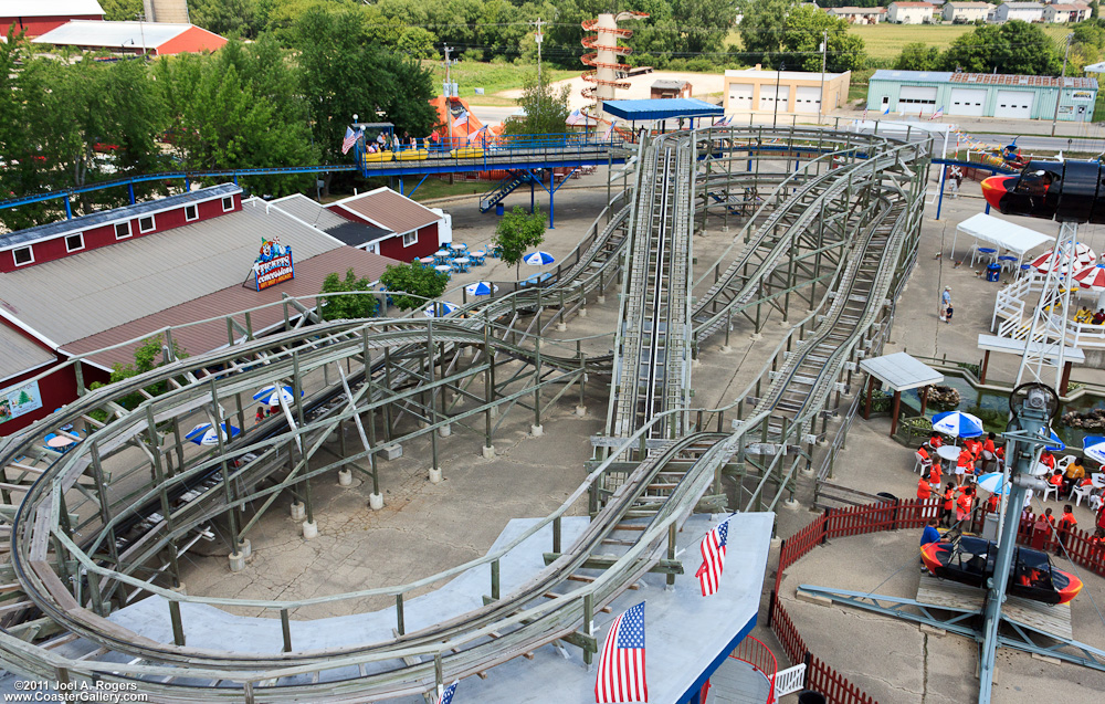 Aerial view of a wood roller coaster.