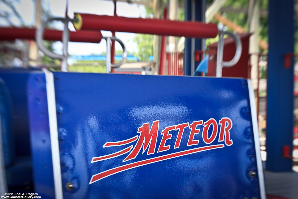 Meteor sign on the front of a roller coaster train
