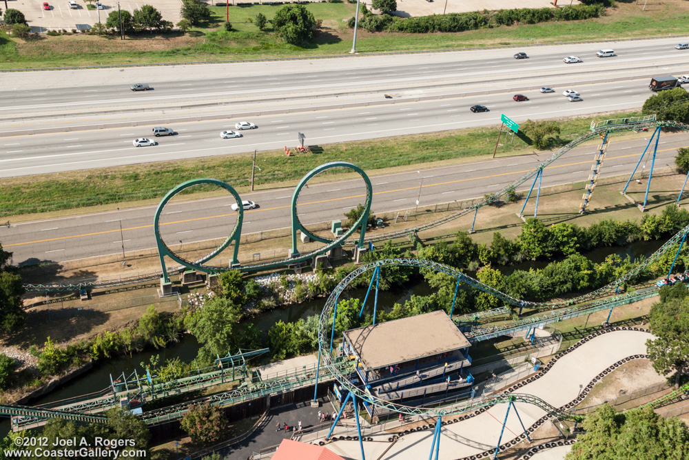 Aerial view of double looping roller coaster