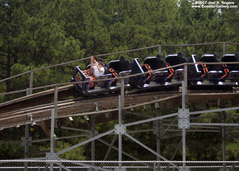 Close-up of a roller coaster train built by Philadelphia Toboggan Coasters, Inc.