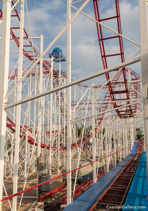 Cars on the transfer track on the Big Ohhhh! coaster at the Fun-Plex in Omaha, NE