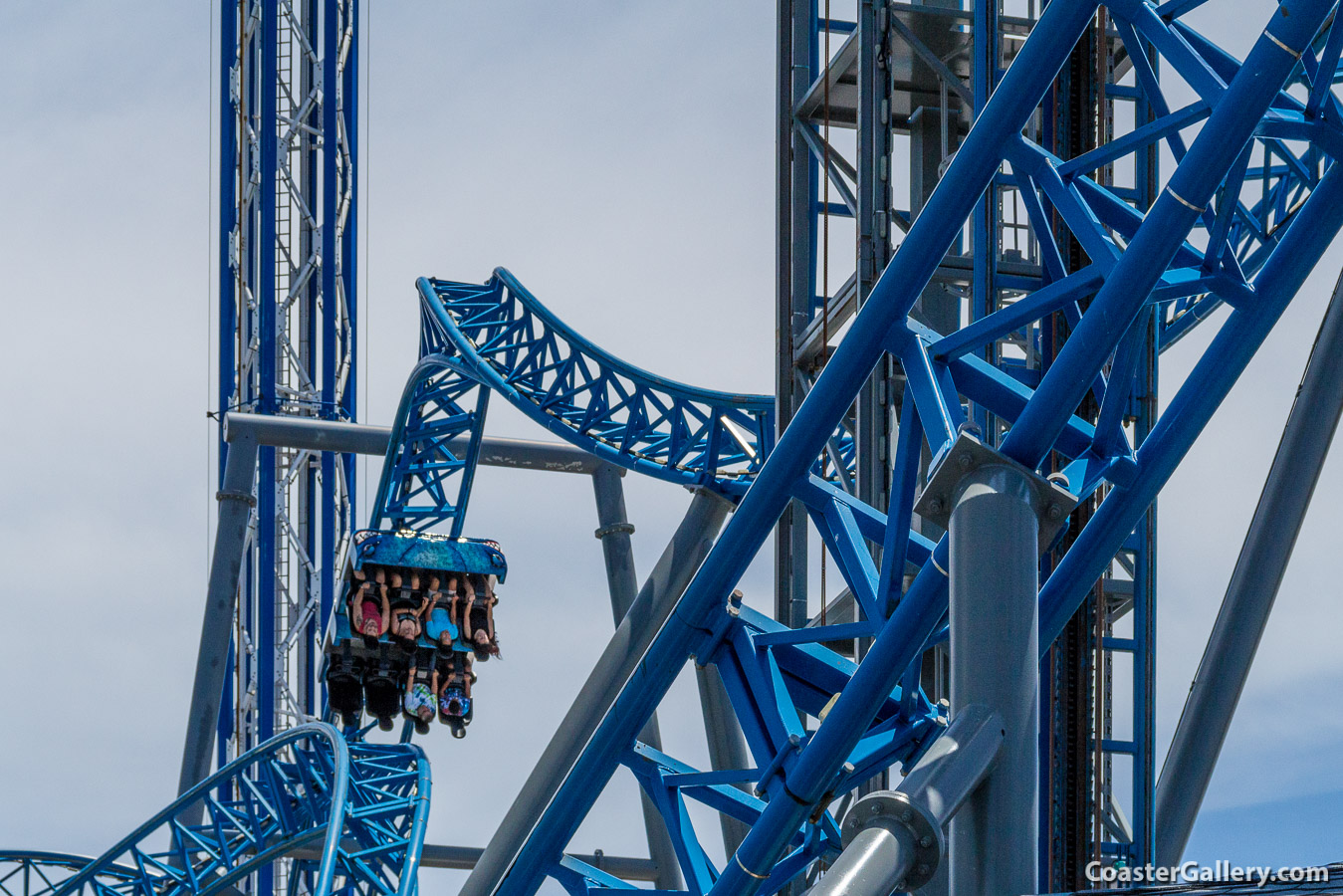 Riders go upsidedown four time on the Iron Shark at Galveston Island Historic Pleasure Pier