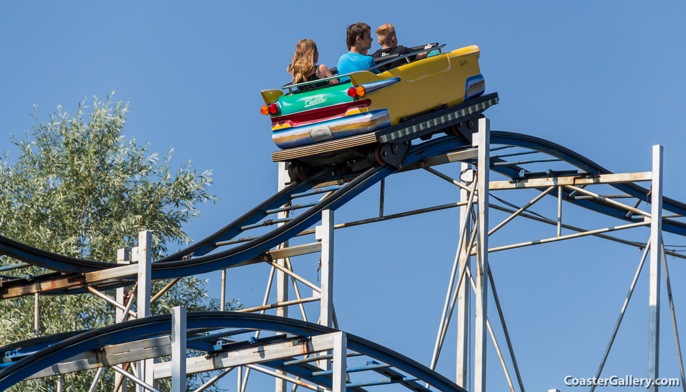 Cadillac Cars on the Nostalgische Achterbahn roller coaster at Skyline Park in Bad Wrishofen, Bavaria, Germany