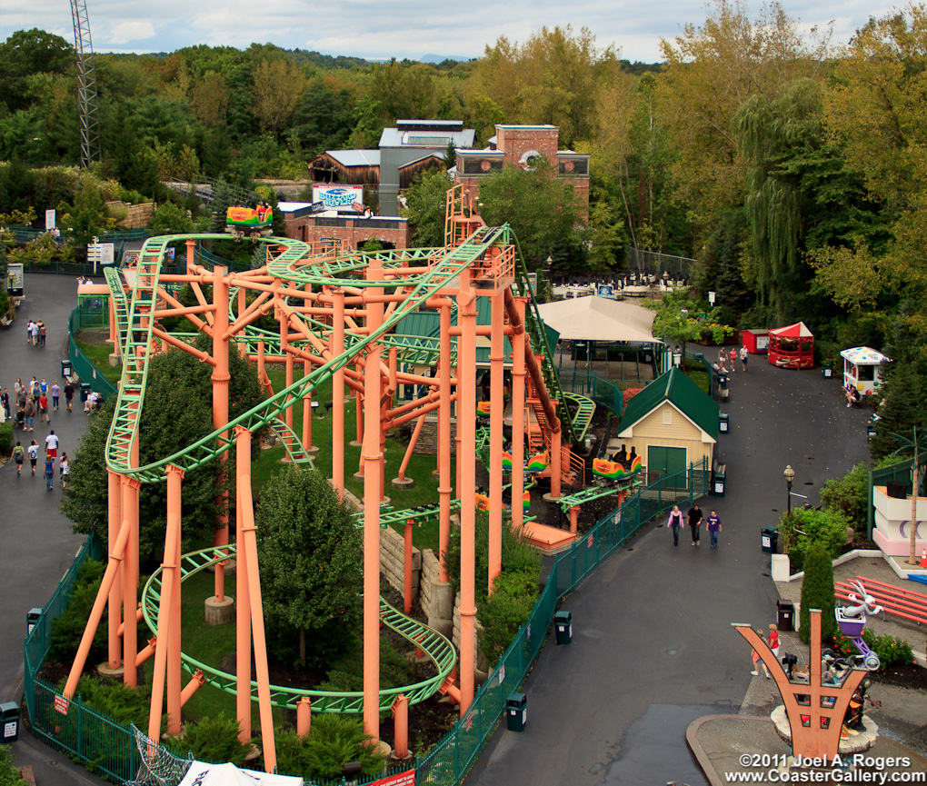 Aerial view of the Pandemonium roller coaster