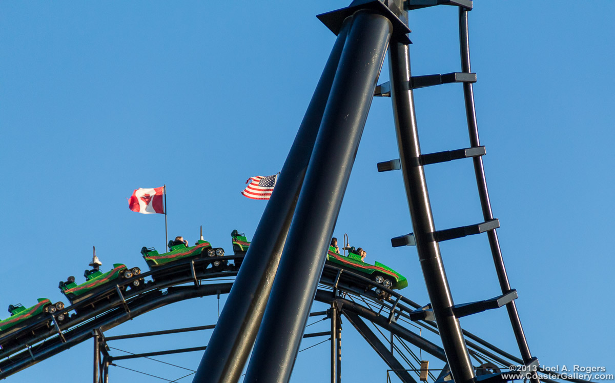 U.S. and Canadian flags on a roller coaster