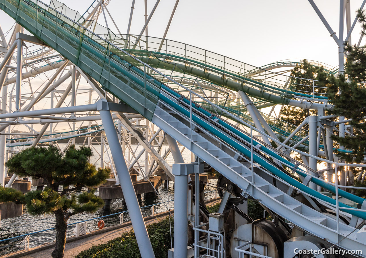 Chain Lift and concrete pylons supporting the Surf Coaster Leviathan